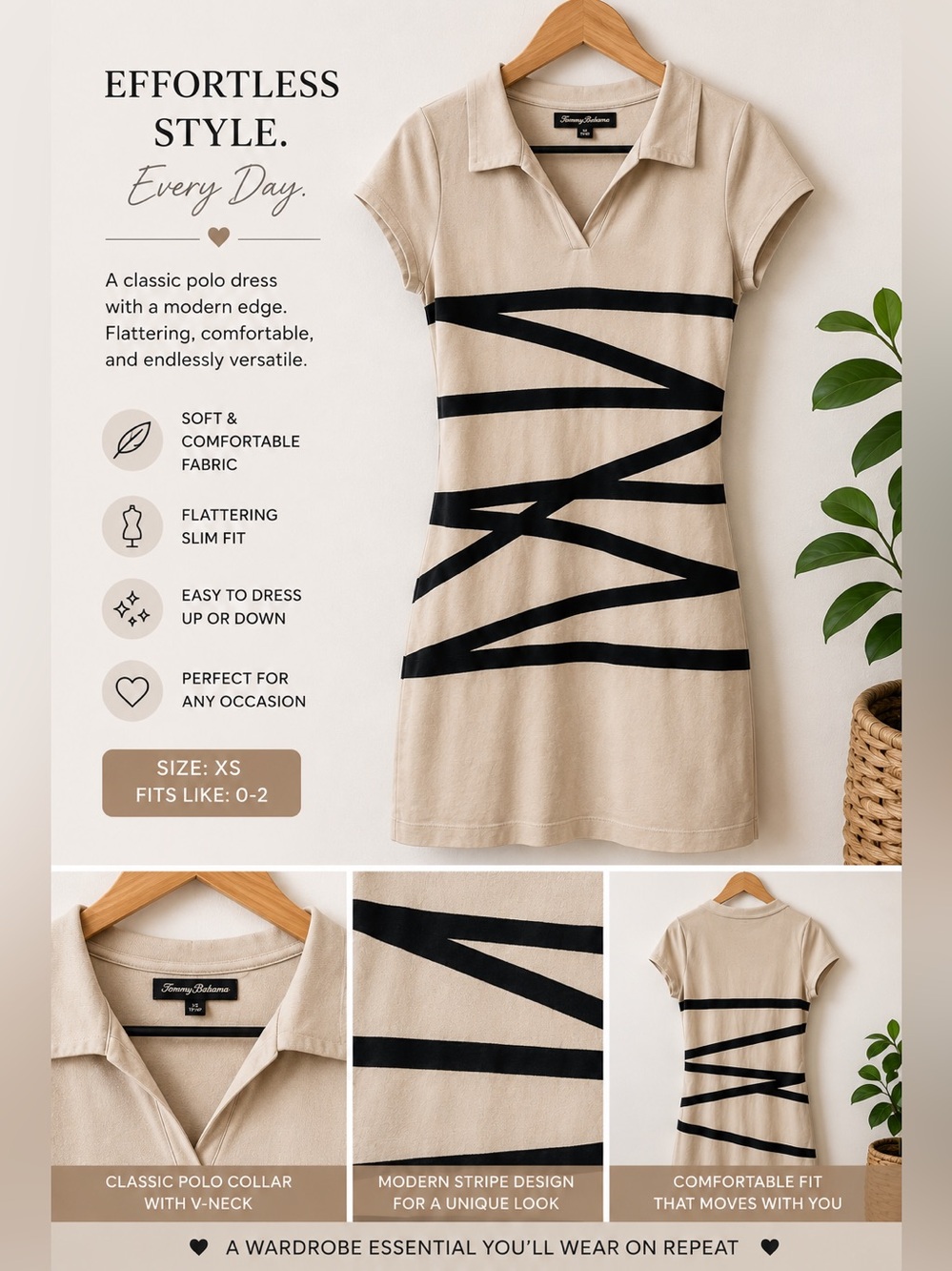 Adrienne Vittadini Beige Mini Dress with Black Graphic Stripes